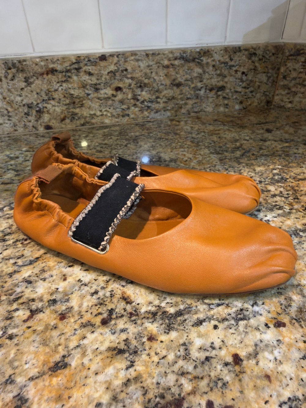 Women's Ulla Johnson Tan Leather Ballet Flats with Black Strap